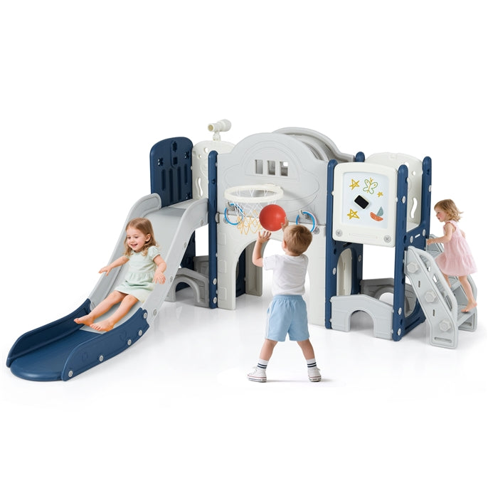 10 in 1 Toddler Slide Set, Kids Slide and Climber Playset w/Whiteboard, Telescope, Ring Toss