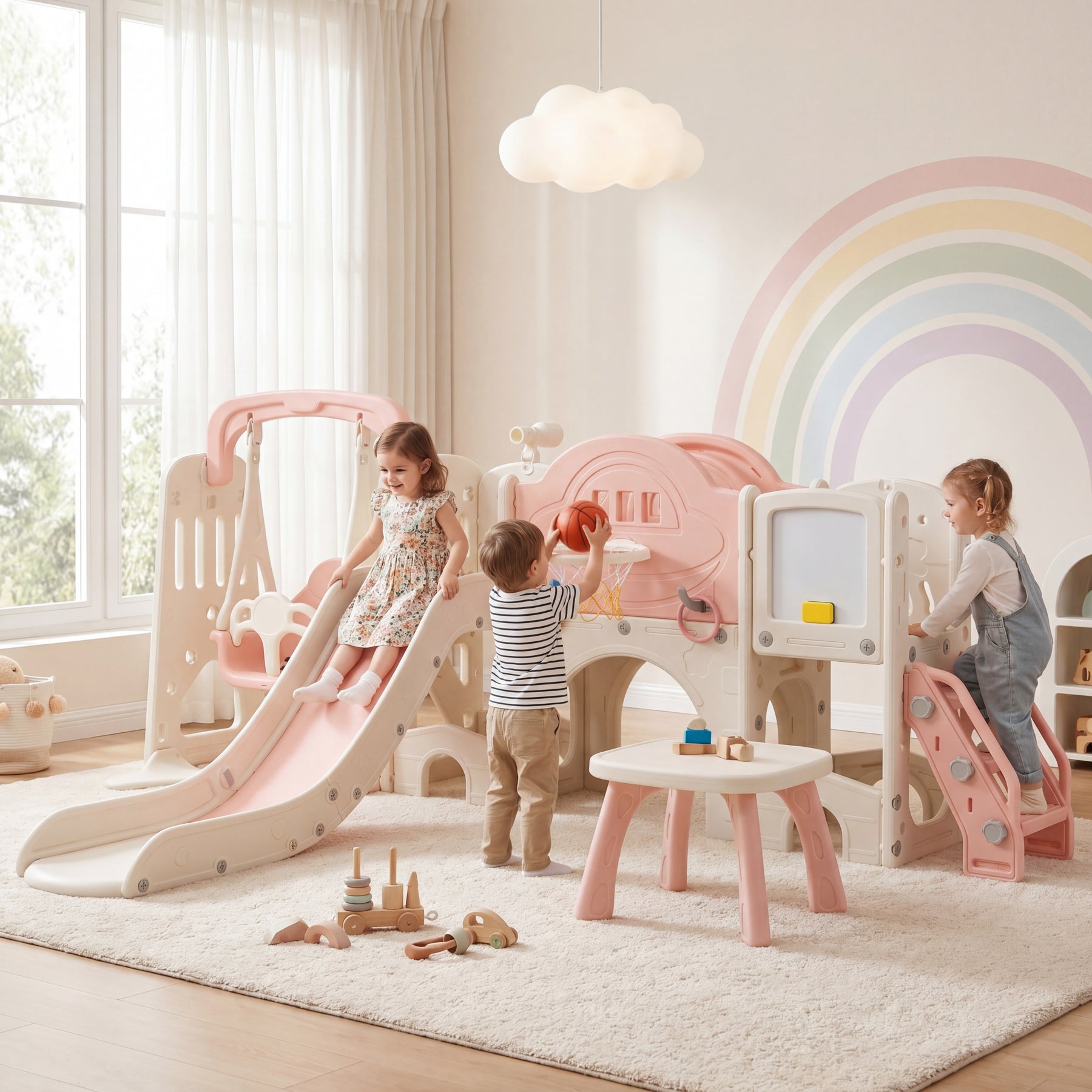 10 in 1 Toddler Slide Set, Kids Slide and Climber Playset w/Whiteboard, Telescope, Ring Toss