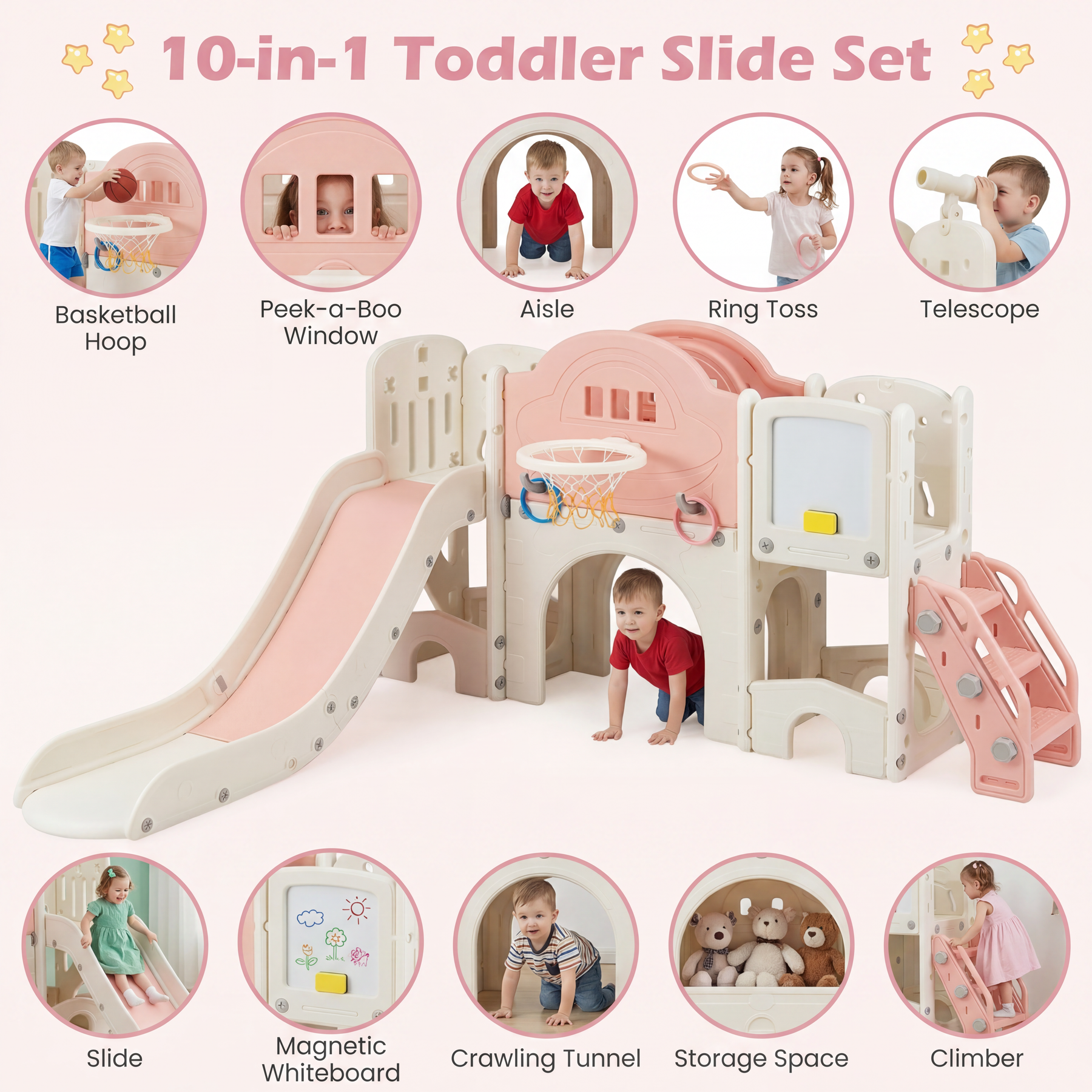 10 in 1 Toddler Slide Set, Kids Slide and Climber Playset w/Whiteboard, Telescope, Ring Toss