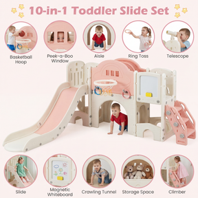 10 in 1 Toddler Slide Set, Kids Slide and Climber Playset w/Whiteboard, Telescope, Ring Toss