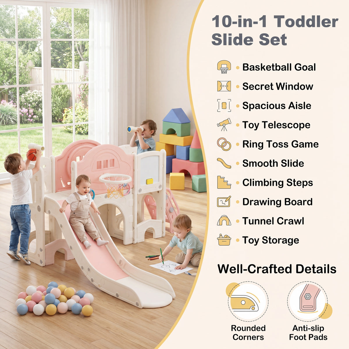 10 in 1 Toddler Slide Set, Kids Slide and Climber Playset w/Whiteboard, Telescope, Ring Toss