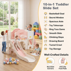 10 in 1 Toddler Slide Set, Kids Slide and Climber Playset w/Whiteboard, Telescope, Ring Toss