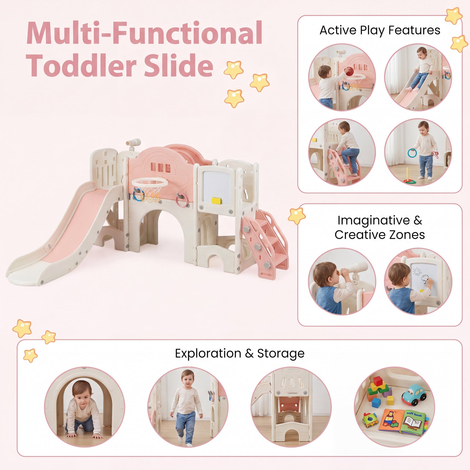 10 in 1 Toddler Slide Set, Kids Slide and Climber Playset w/Whiteboard, Telescope, Ring Toss