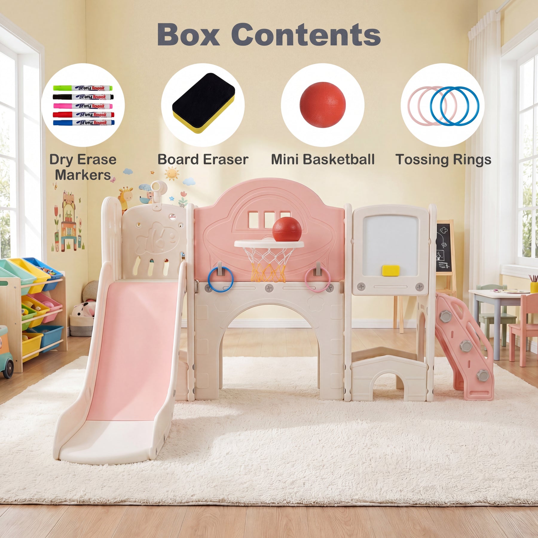 10 in 1 Toddler Slide Set, Kids Slide and Climber Playset w/Whiteboard, Telescope, Ring Toss