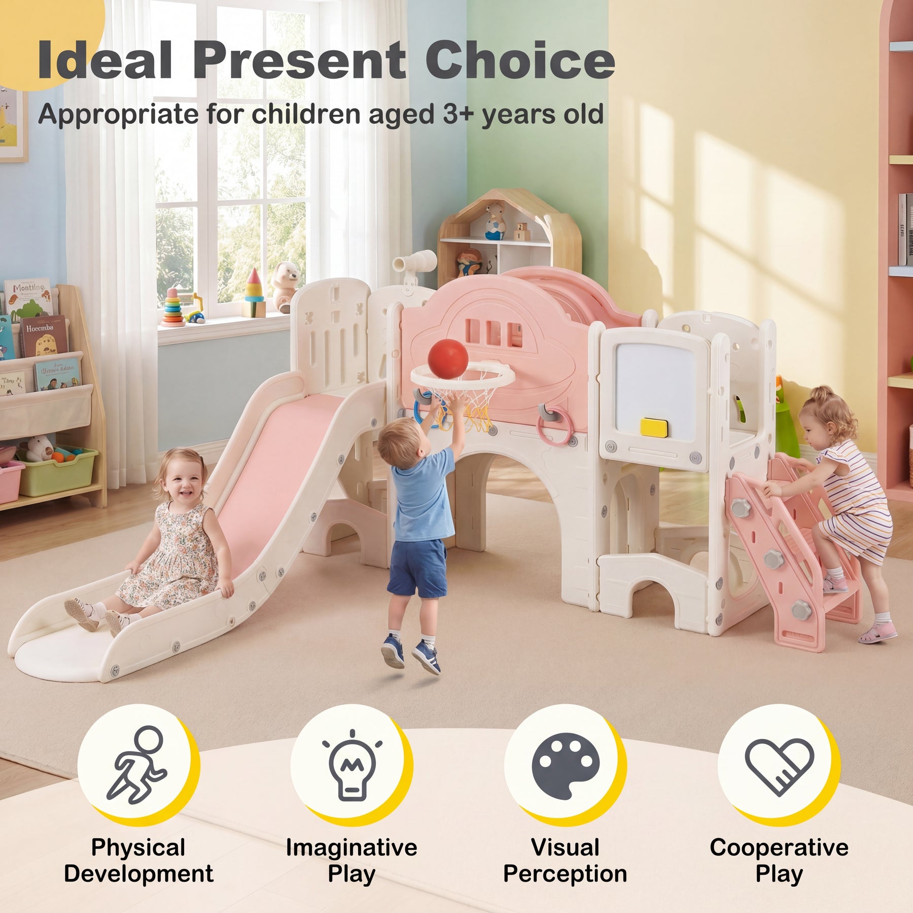 10 in 1 Toddler Slide Set, Kids Slide and Climber Playset w/Whiteboard, Telescope, Ring Toss