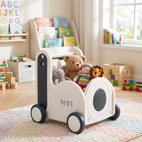 Train-Shaped Toddler Toy Box with Wheels & Flip-up Seat