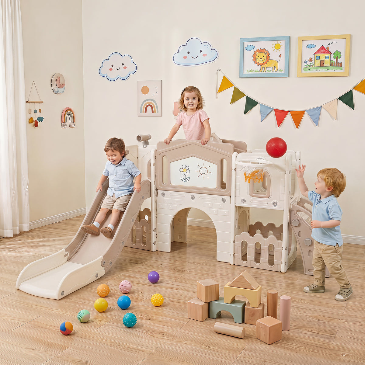 9 in 1 Toddler Slide Set, Kids Climber & Slide Playset with Basketball Hoop & Telescope