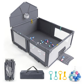 Foldable Baby Playpen, Large Play Yard Activity Center w/Basketball Hoop, Soccer Goal