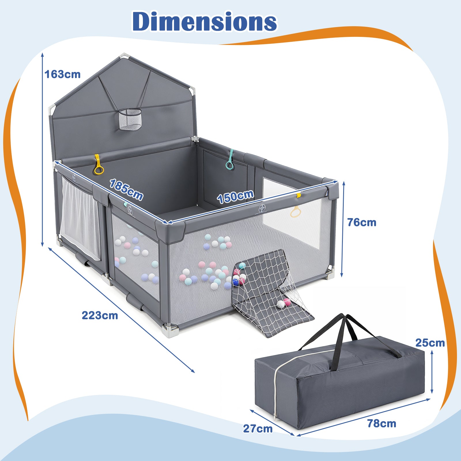 Foldable Baby Playpen, Large Play Yard Activity Center w/Basketball Hoop, Soccer Goal