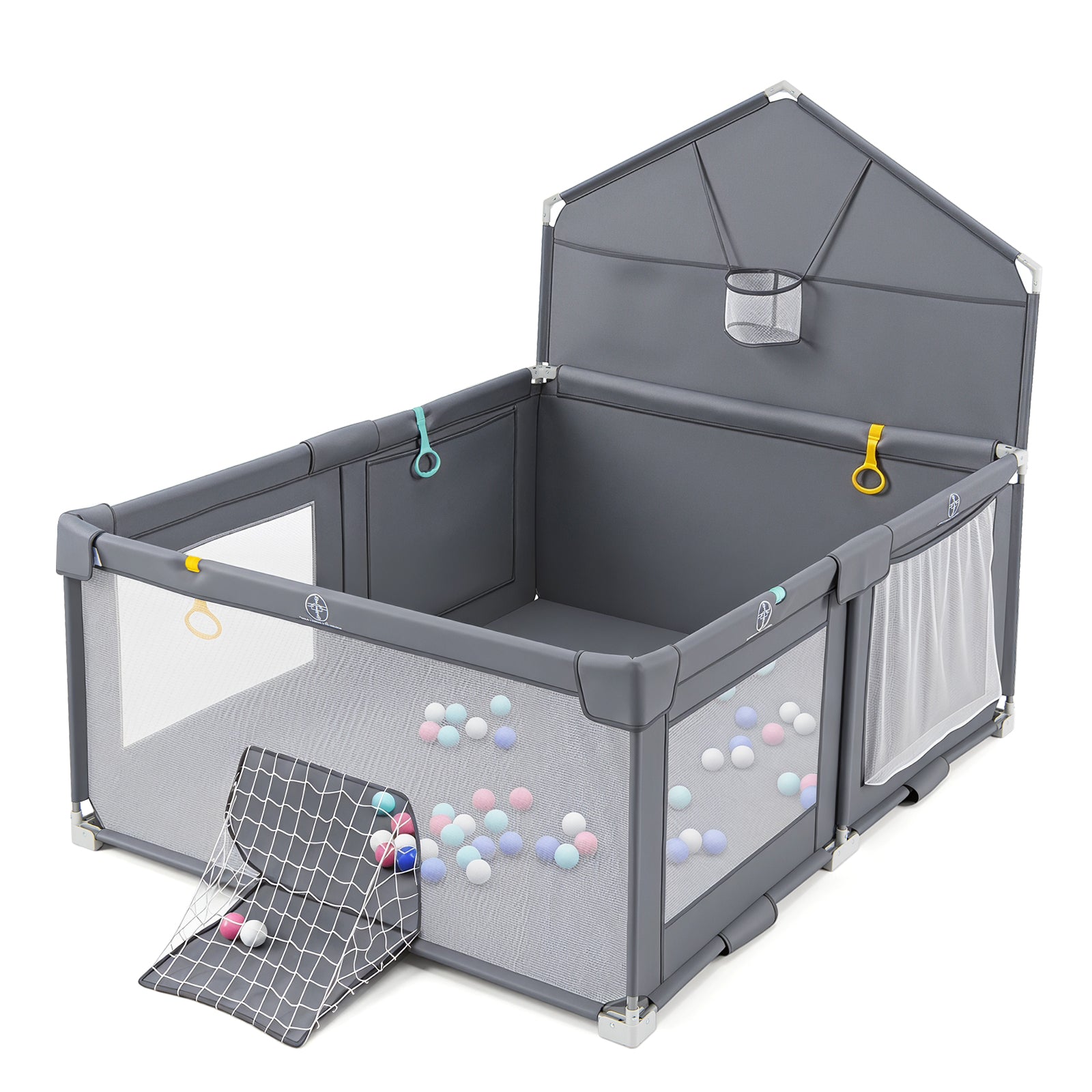 Foldable Baby Playpen, Large Play Yard Activity Center w/Basketball Hoop, Soccer Goal