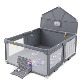 Foldable Baby Playpen, Large Play Yard Activity Center w/Basketball Hoop, Soccer Goal