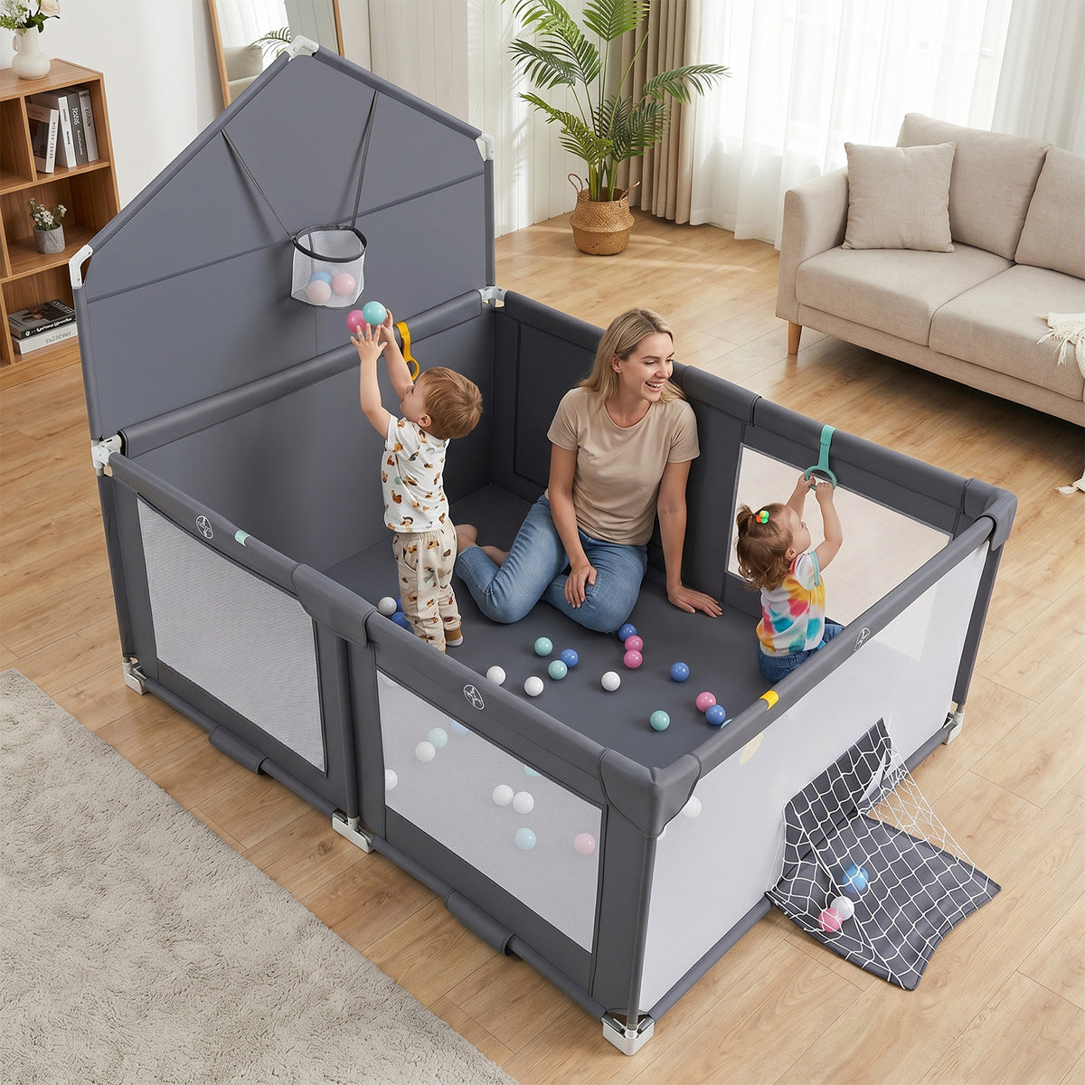 Foldable Baby Playpen, Large Play Yard Activity Center w/Basketball Hoop, Soccer Goal