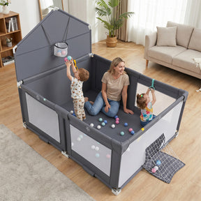 Foldable Baby Playpen, Large Play Yard Activity Center w/Basketball Hoop, Soccer Goal