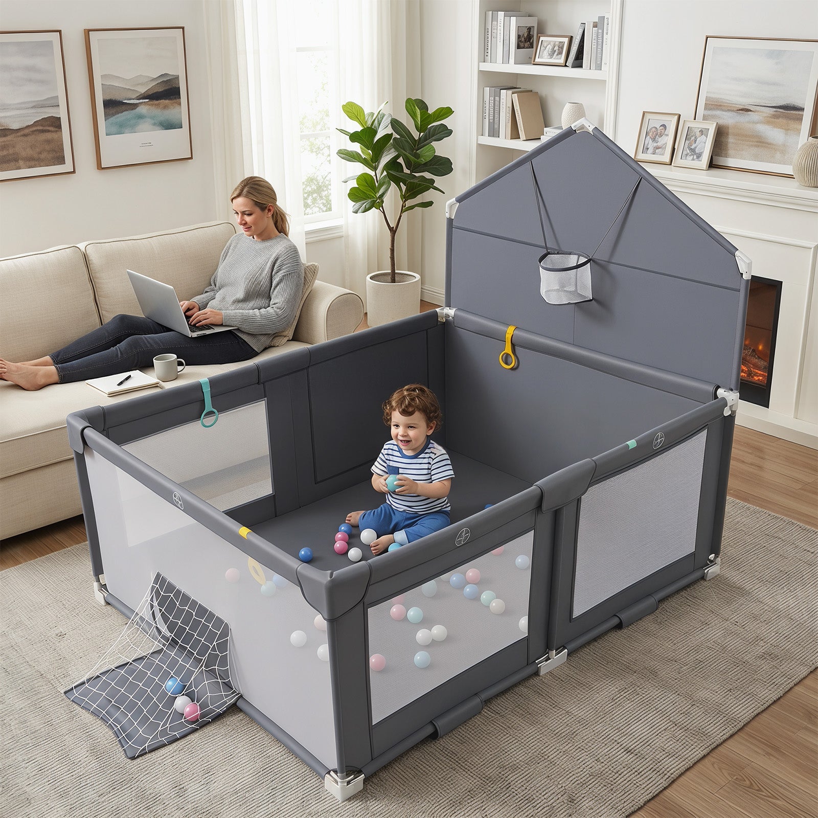 Foldable Baby Playpen, Large Play Yard Activity Center w/Basketball Hoop, Soccer Goal
