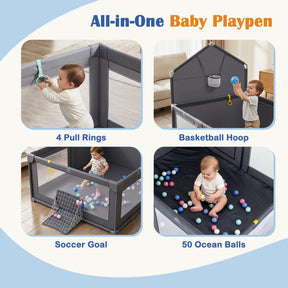Foldable Baby Playpen, Large Play Yard Activity Center w/Basketball Hoop, Soccer Goal