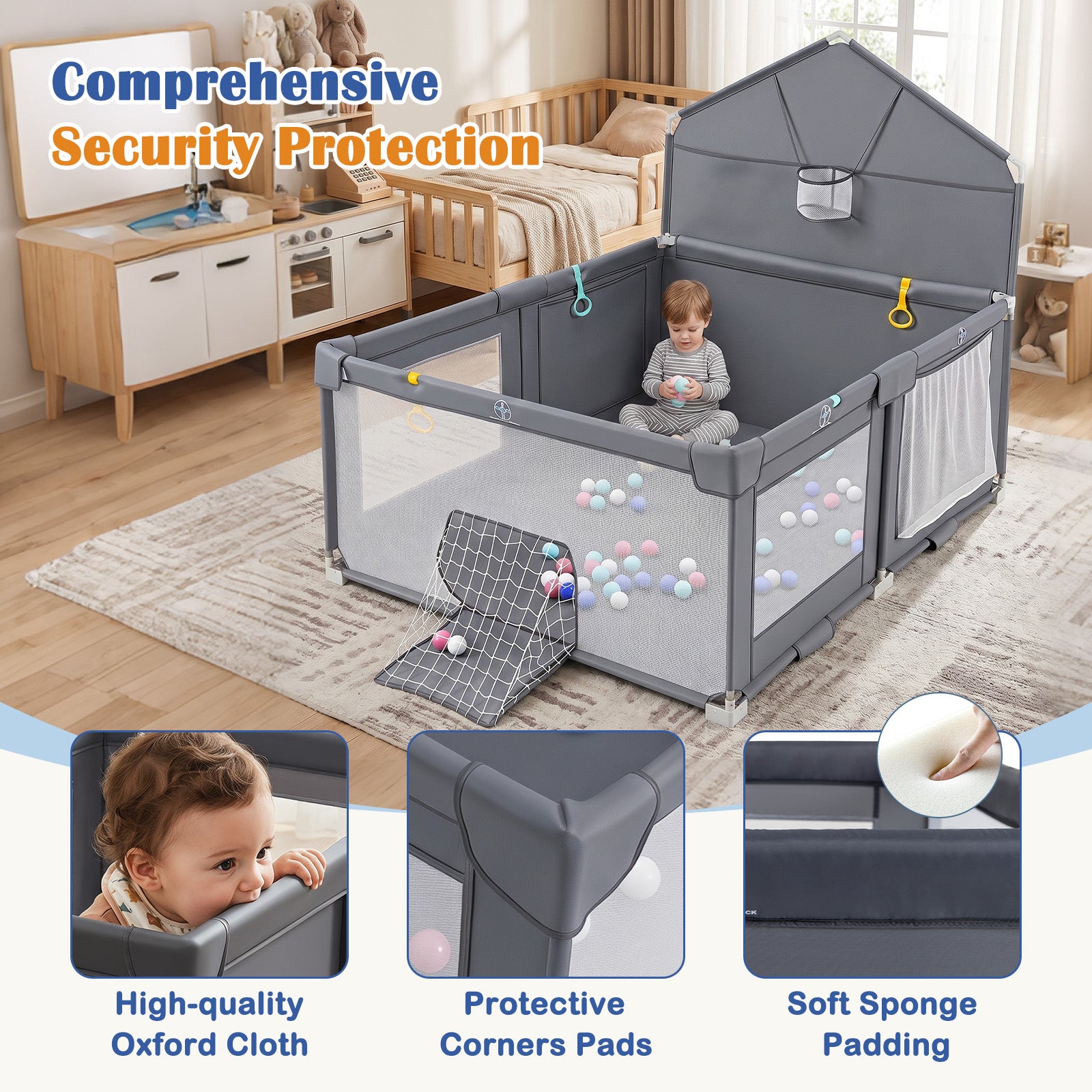 Foldable Baby Playpen, Large Play Yard Activity Center w/Basketball Hoop, Soccer Goal