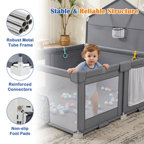 Foldable Baby Playpen, Large Play Yard Activity Center w/Basketball Hoop, Soccer Goal