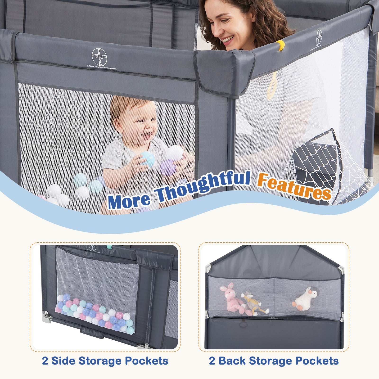 Foldable Baby Playpen, Large Play Yard Activity Center w/Basketball Hoop, Soccer Goal