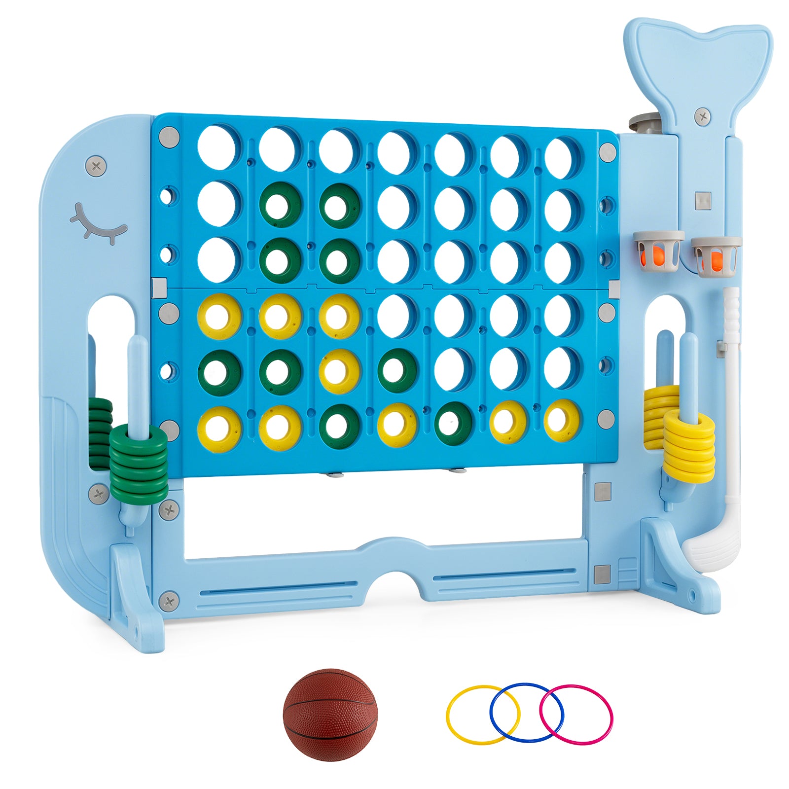 Giant 4-in-A Row w/Ring-toss, Basketball Hoop, Golf Club & Balls, Jumbo 4-to-Score Giant Game Set with 2 Cups Holders for Indoor & Outdoor Holiday Parties
