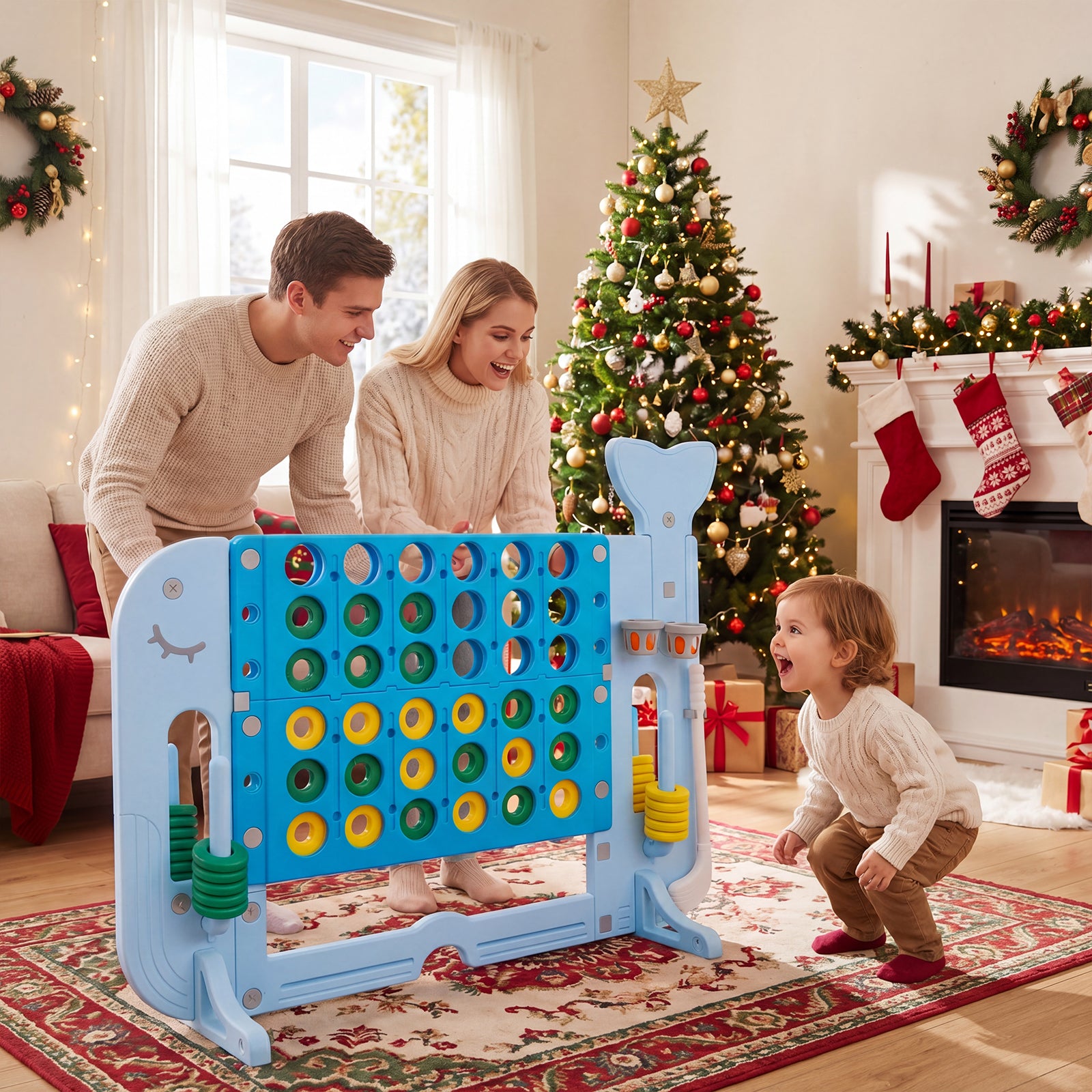 Giant 4-in-A Row w/Ring-toss, Basketball Hoop, Golf Club & Balls, Jumbo 4-to-Score Giant Game Set with 2 Cups Holders for Indoor & Outdoor Holiday Parties