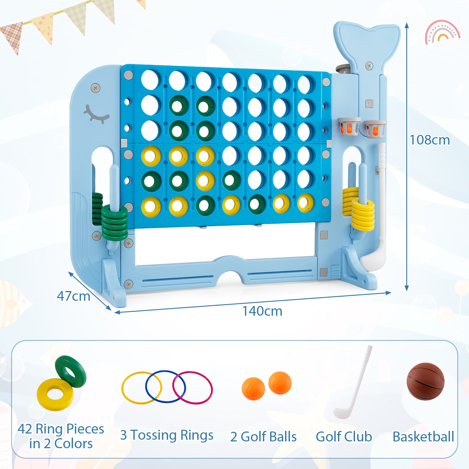 Giant 4-in-A Row w/Ring-toss, Basketball Hoop, Golf Club & Balls, Jumbo 4-to-Score Giant Game Set with 2 Cups Holders for Indoor & Outdoor Holiday Parties