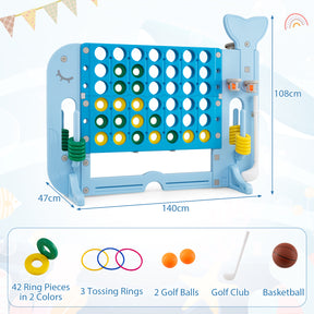 Giant 4-in-A Row w/Ring-toss, Basketball Hoop, Golf Club & Balls, Jumbo 4-to-Score Giant Game Set with 2 Cups Holders for Indoor & Outdoor Holiday Parties