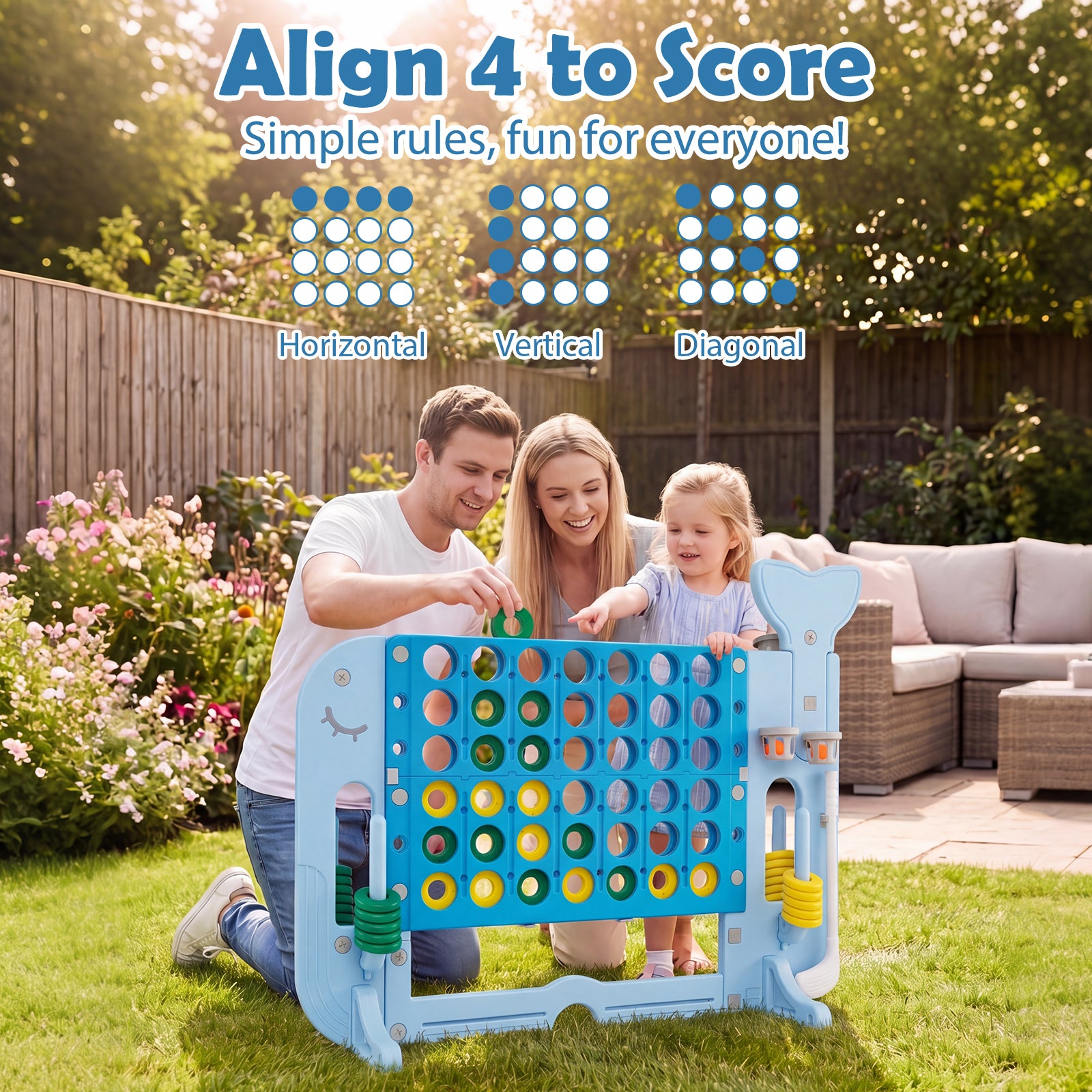 Giant 4-in-A Row w/Ring-toss, Basketball Hoop, Golf Club & Balls, Jumbo 4-to-Score Giant Game Set with 2 Cups Holders for Indoor & Outdoor Holiday Parties