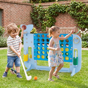 Giant 4-in-A Row w/Ring-toss, Basketball Hoop, Golf Club & Balls, Jumbo 4-to-Score Giant Game Set with 2 Cups Holders for Indoor & Outdoor Holiday Parties
