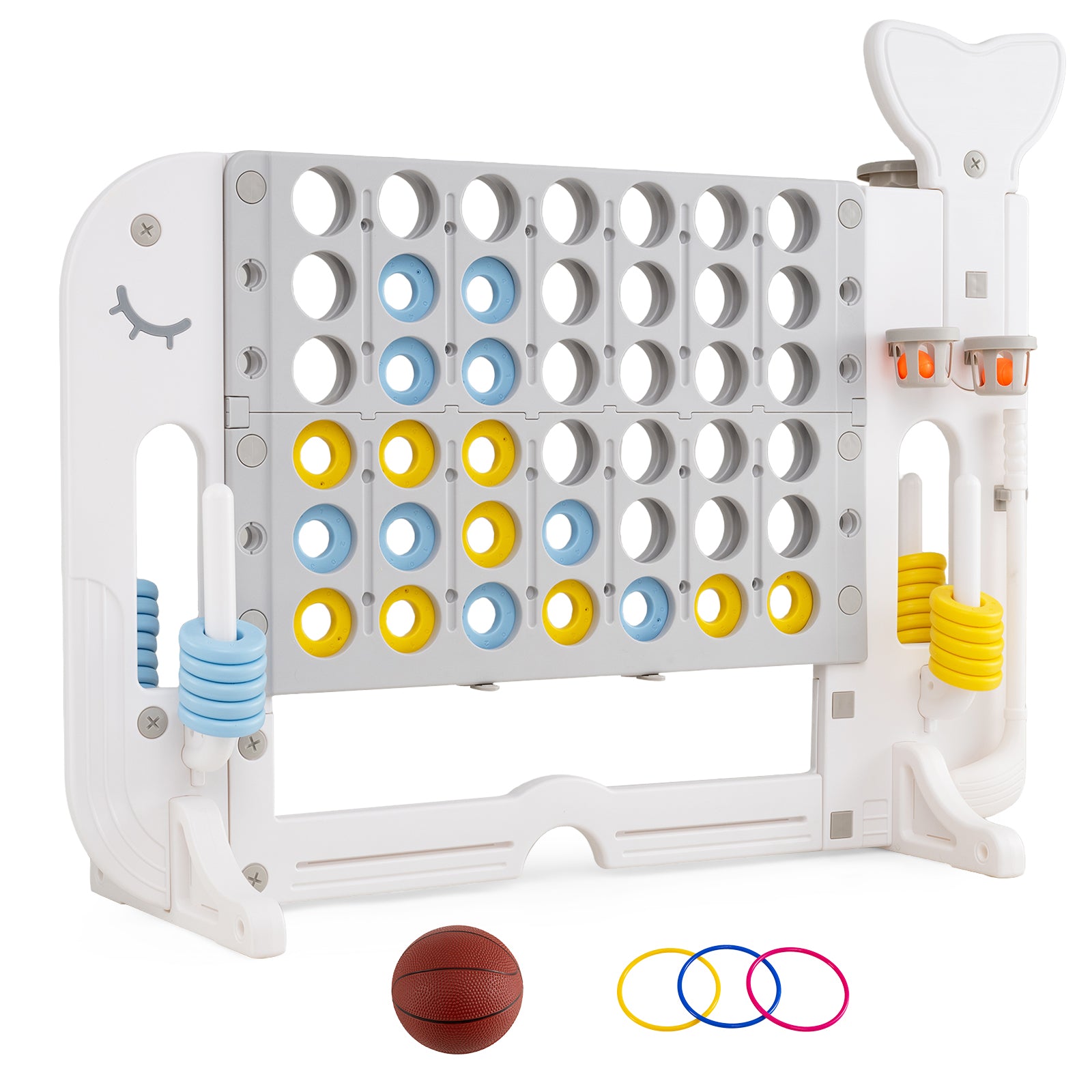 Giant 4-in-A Row w/Ring-toss, Basketball Hoop, Golf Club & Balls, Jumbo 4-to-Score Giant Game Set with 2 Cups Holders for Indoor & Outdoor Holiday Parties