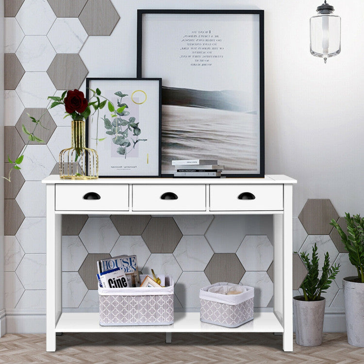 Wooden Console Table with Drawers and Shelves for Entryway Hallway
