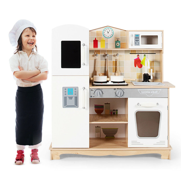 Wooden Kids Pretend Kitchen Playset Cooking Play Toy with Utensils and Storage Space