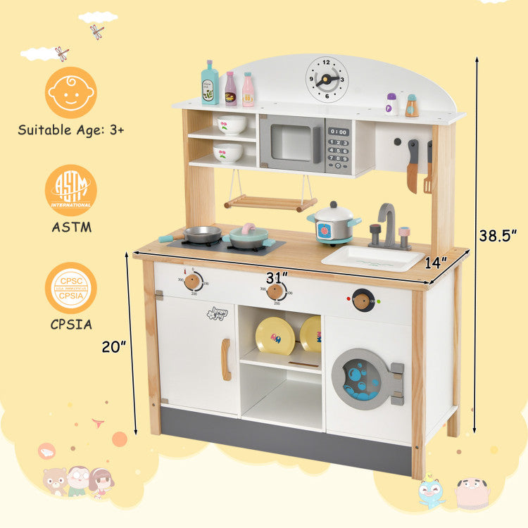 Wooden Pretend Toy Kids Play Kitchen Set with Cooking Accessories and Storage Space