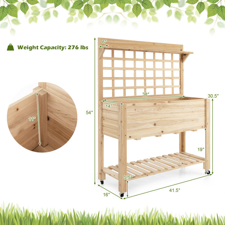Wooden Raised Garden Bed with Lockable Wheels, Trellis and Storage Shelf