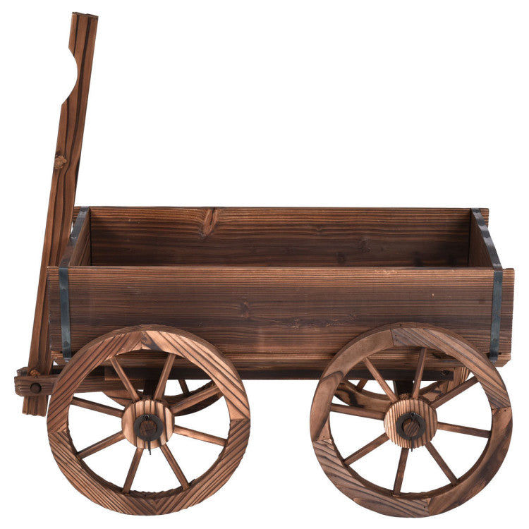 Wooden Wagon Planter Pot Stand with Wheels for Garden or Patio