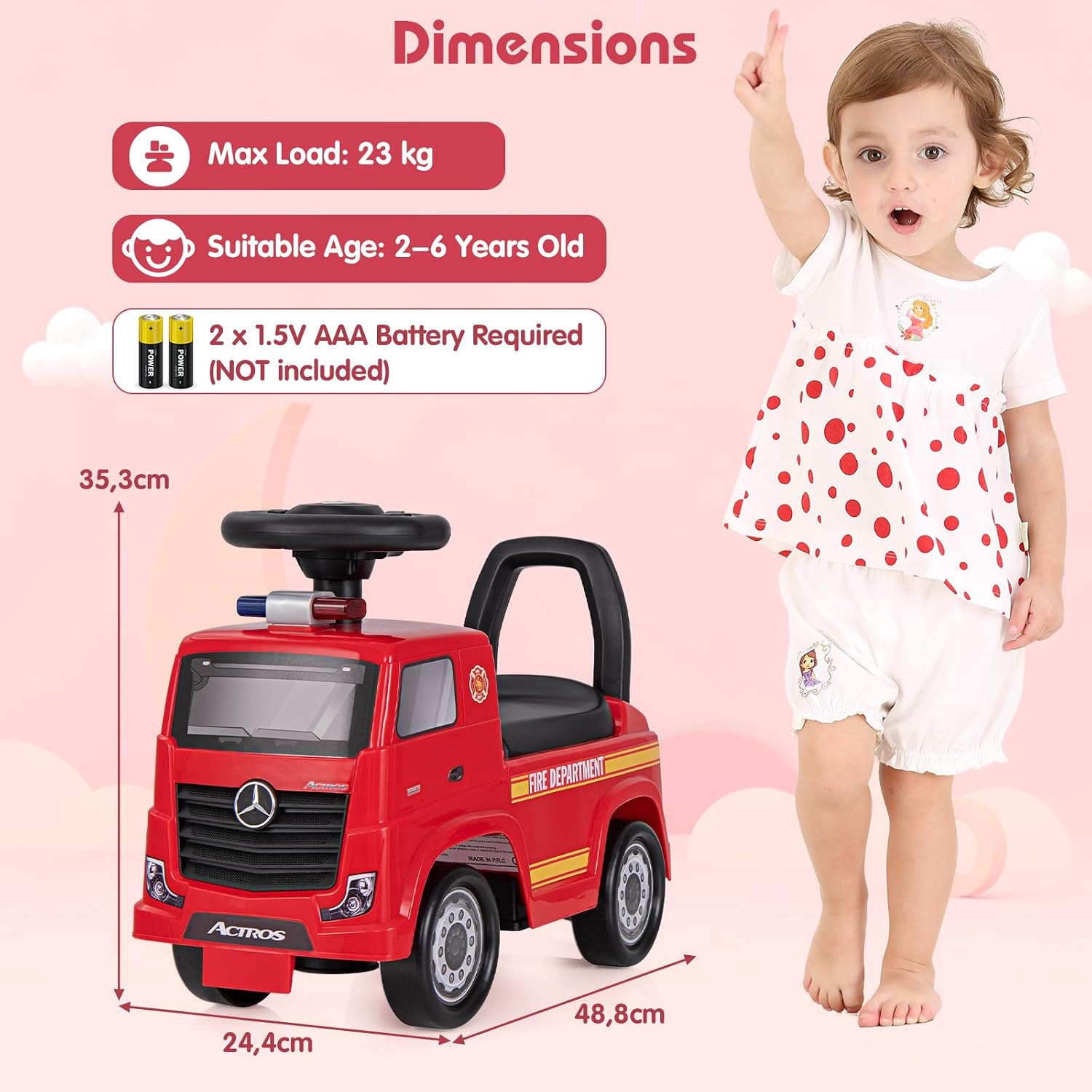 Mercedes-Benz Licensed Kids' Ride On Truck, Foot-to-Floor Push Fire Engine w/ Music & Horn, Sit & Scoot Toy w/ Steering Wheel & Hidden Storage Space, Perfect Gift for 2+ Boys & Girls, Red