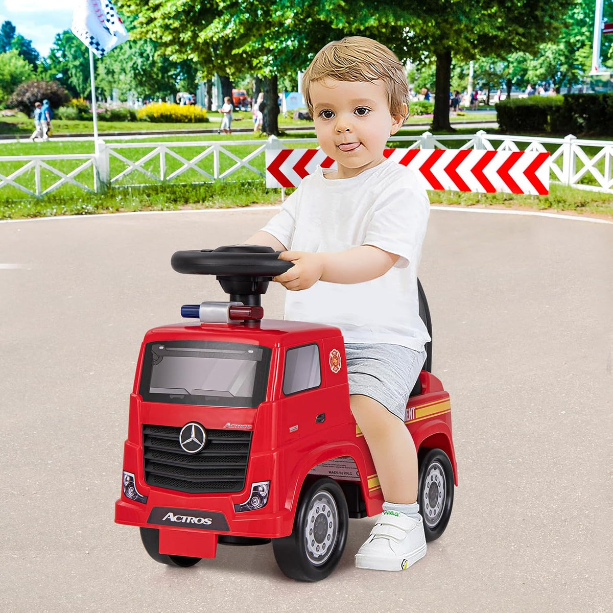 Mercedes-Benz Licensed Kids' Ride On Truck, Foot-to-Floor Push Fire Engine w/ Music & Horn, Sit & Scoot Toy w/ Steering Wheel & Hidden Storage Space, Perfect Gift for 2+ Boys & Girls, Red