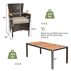 9-Piece Outdoor Patio Dining Set with Acacia Wood Top Table, 8 Stackable Cushioned Rattan Chairs, Steel Frame for Poolside, Backyard