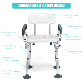 Non-Slip Height Adjustable Shower Chair with Removable Back and Padded Arms