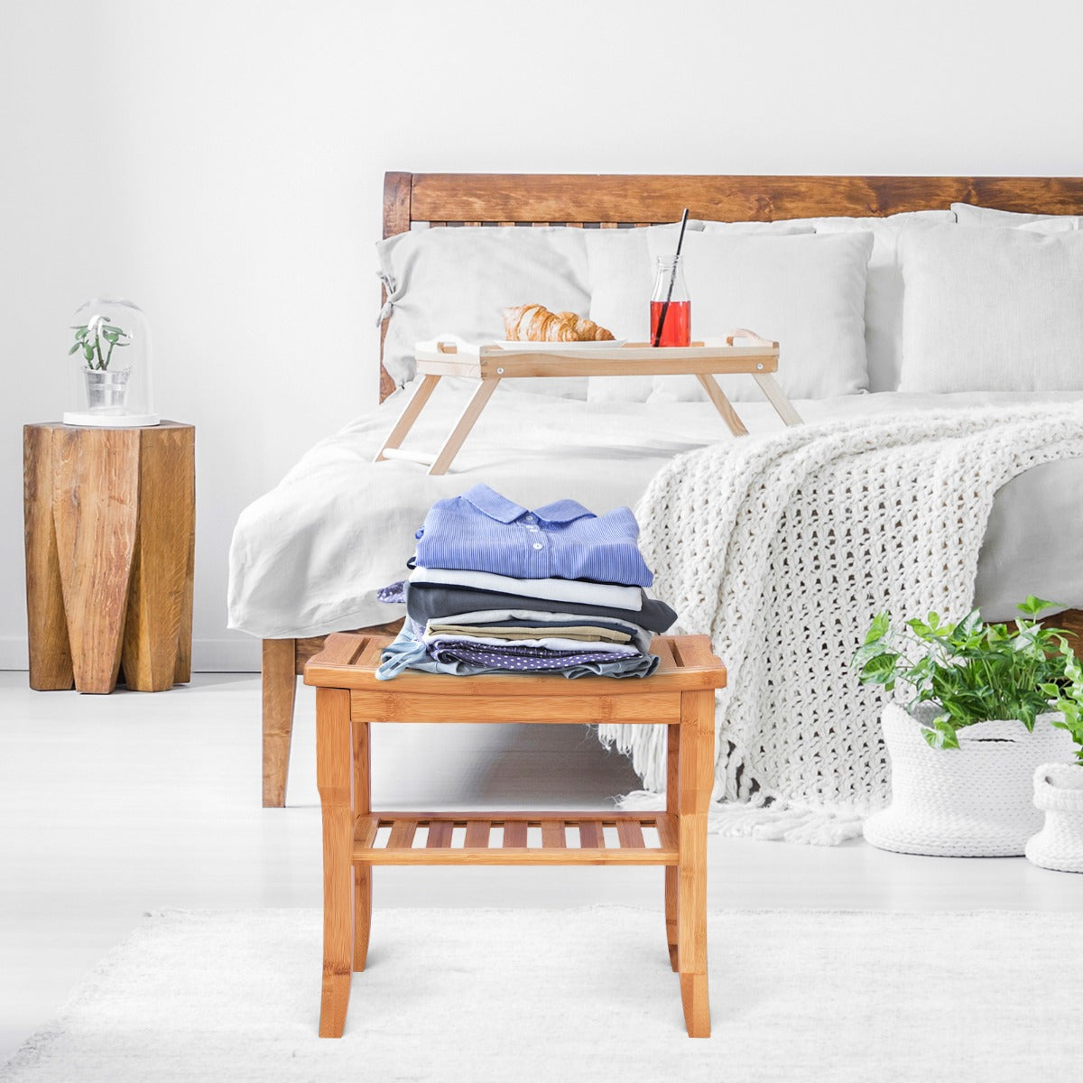 Bamboo Shower Bench Seat with Storage Shelf for Bath
