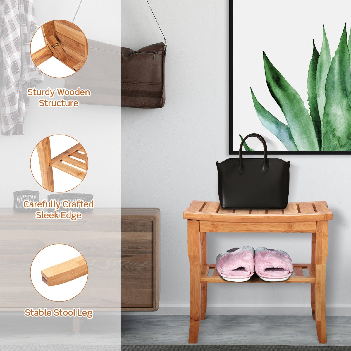 Bamboo Shower Bench Seat with Storage Shelf for Bath
