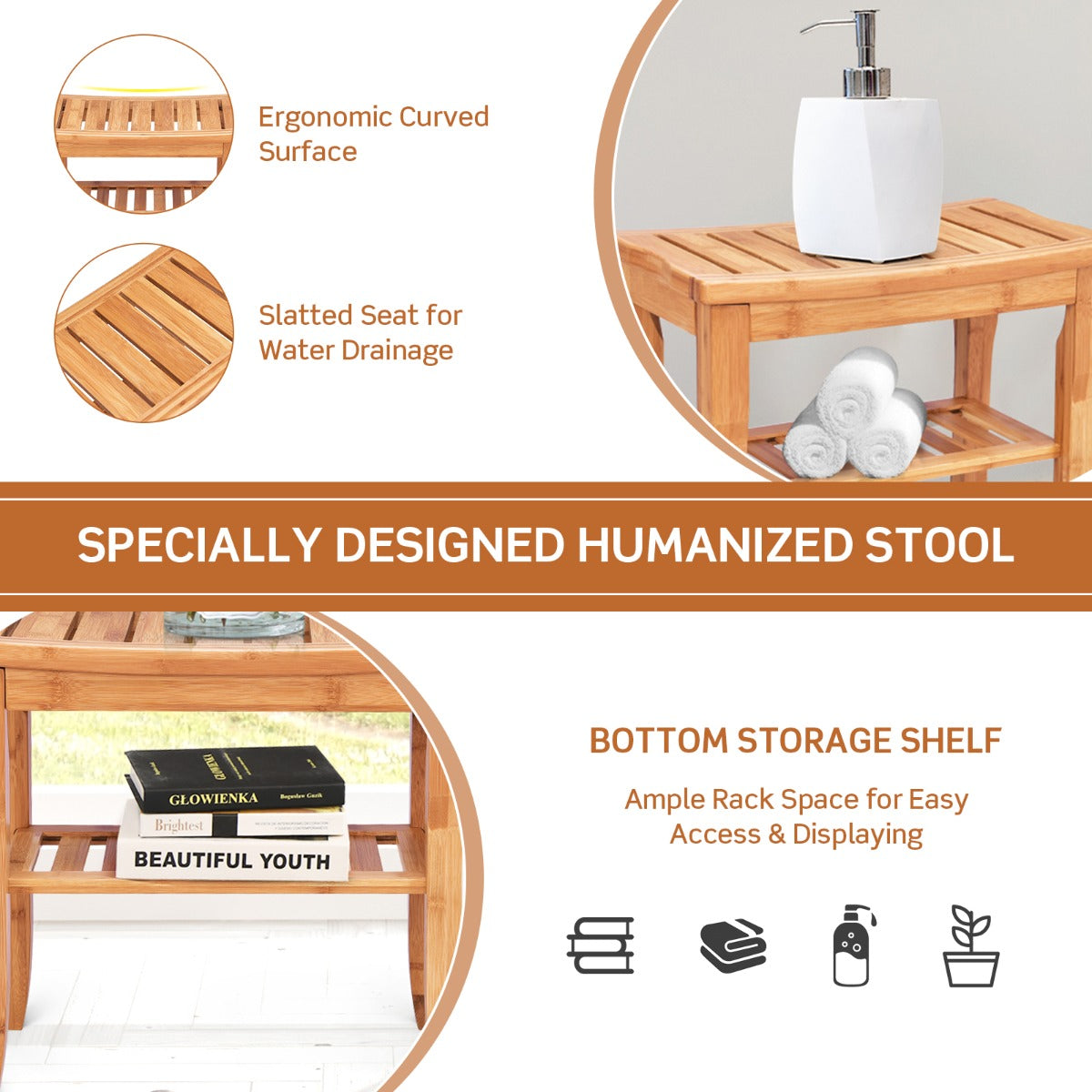 Bamboo Shower Bench Seat with Storage Shelf for Bath