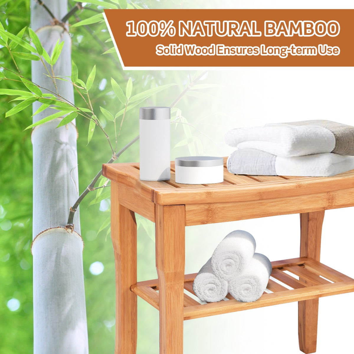 Bamboo Shower Bench Seat with Storage Shelf for Bath