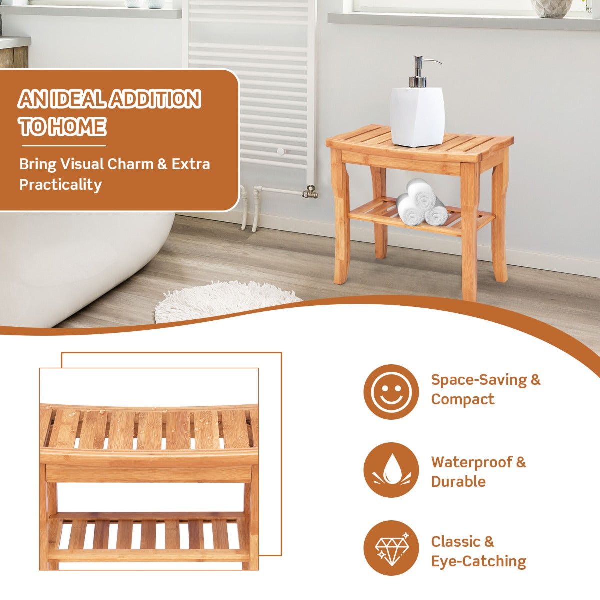 Bamboo Shower Bench Seat with Storage Shelf for Bath