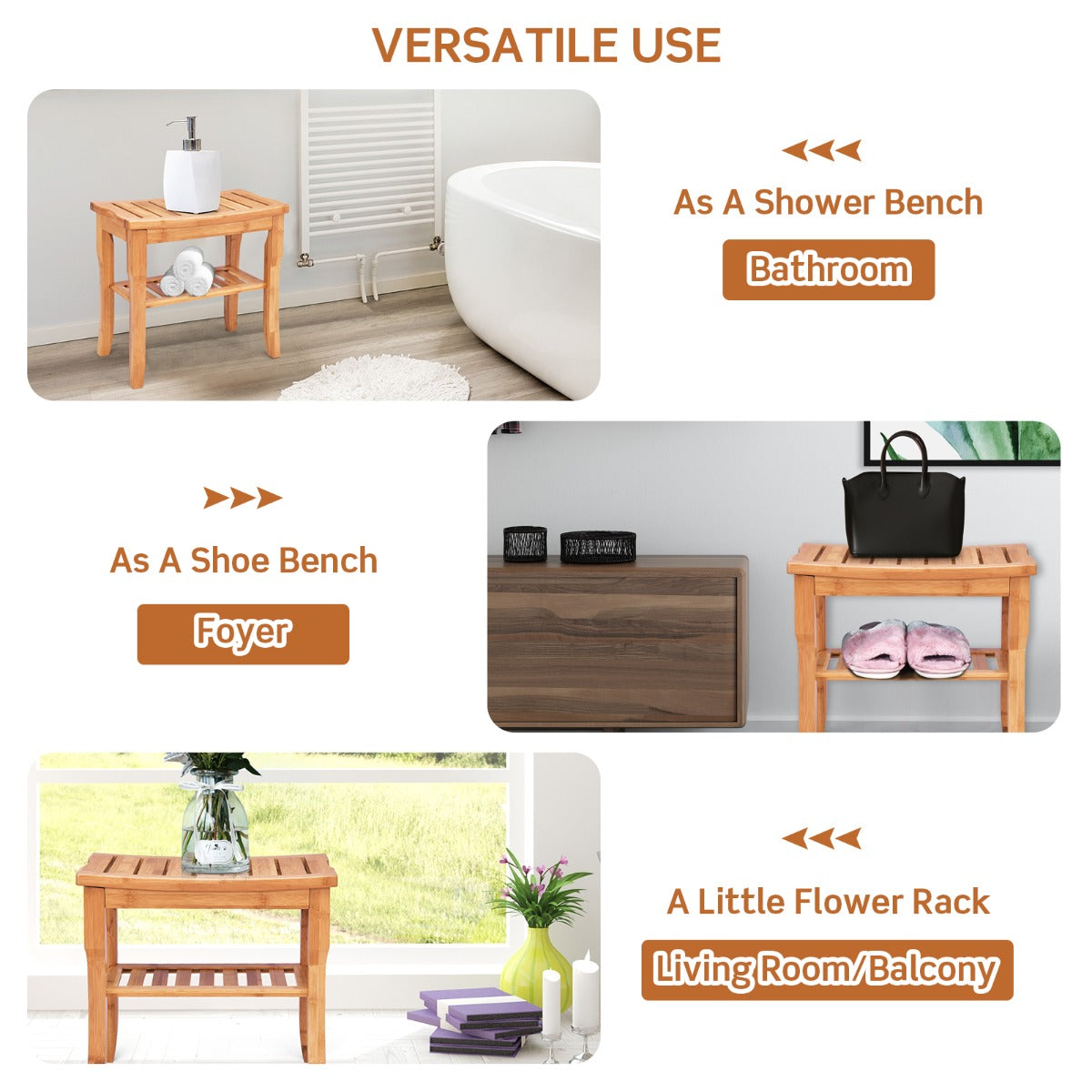 Bamboo Shower Bench Seat with Storage Shelf for Bath