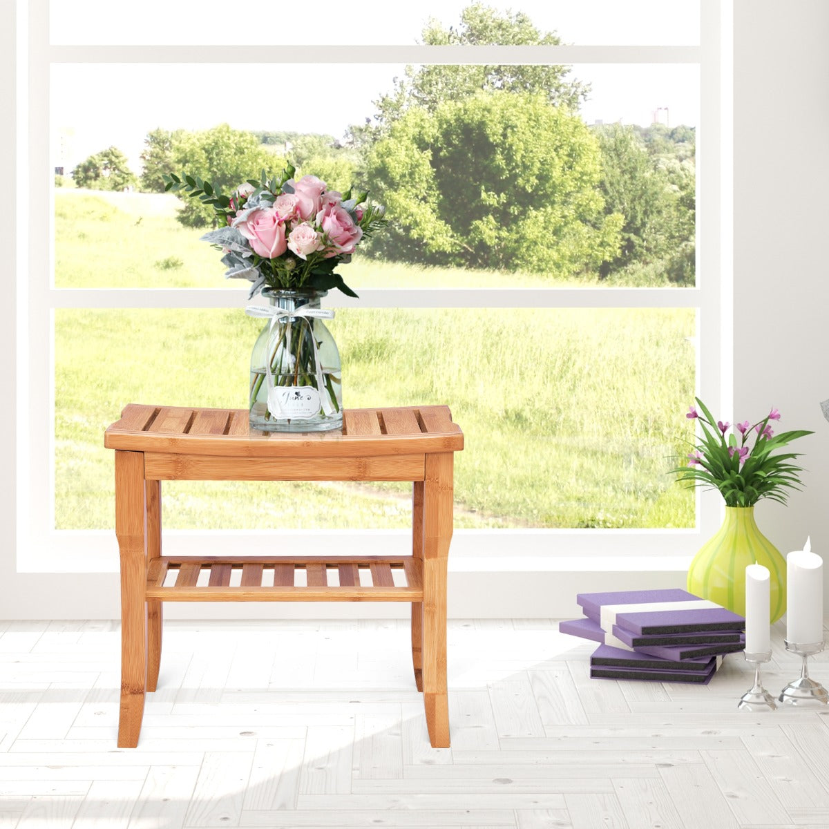 Bamboo Shower Bench Seat with Storage Shelf for Bath