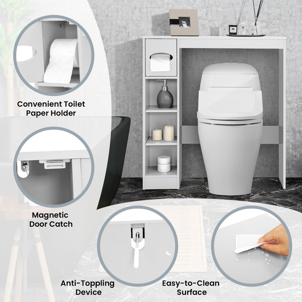 Over The Toilet Storage Cabinet with Adjustable Shelves and Paper Holder