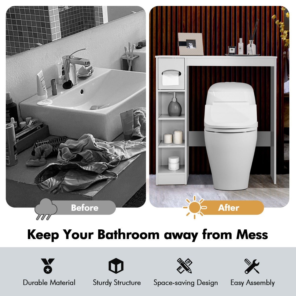 Over The Toilet Storage Cabinet with Adjustable Shelves and Paper Holder