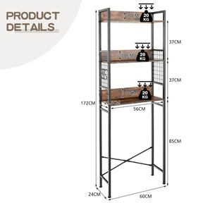 3-Tier Over-The-Toilet Storage Rack with Detachable Hooks