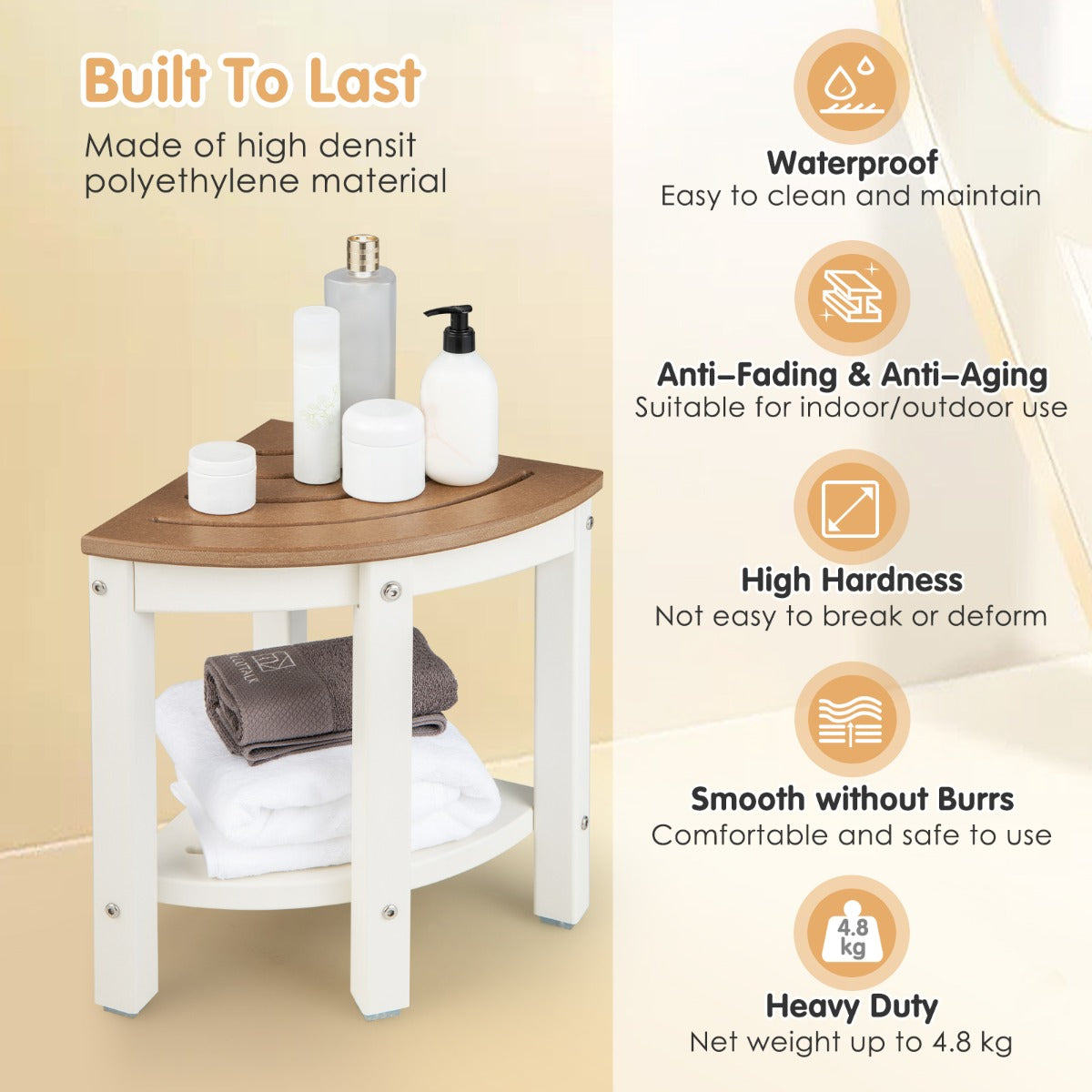 Corner Shower Bench Stool with Storage Shelf for Indoor/Outdoor Use