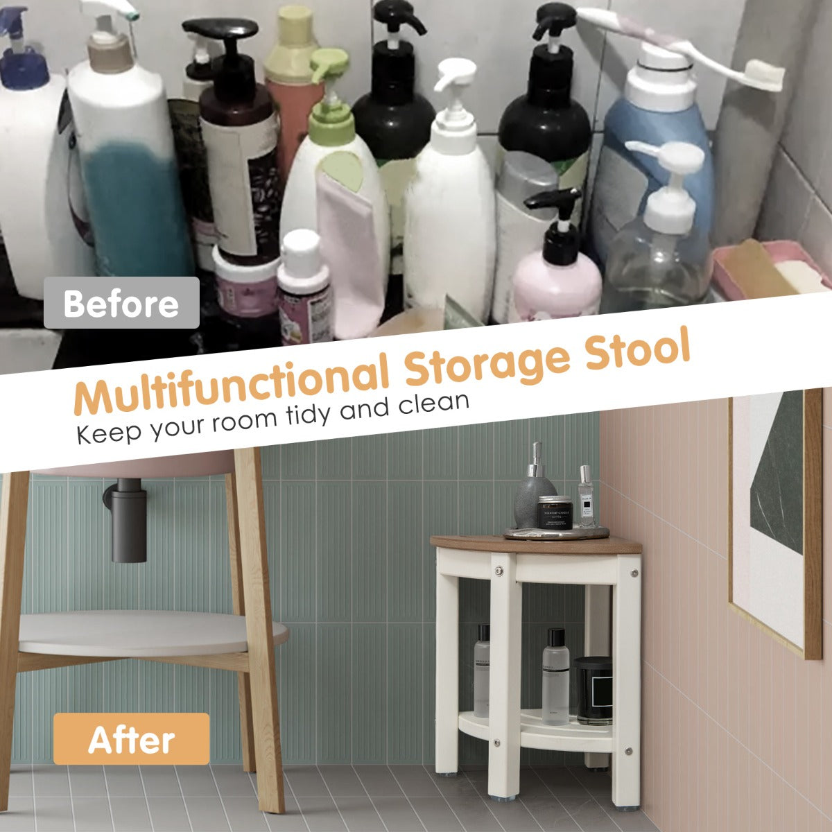 Corner Shower Bench Stool with Storage Shelf for Indoor/Outdoor Use
